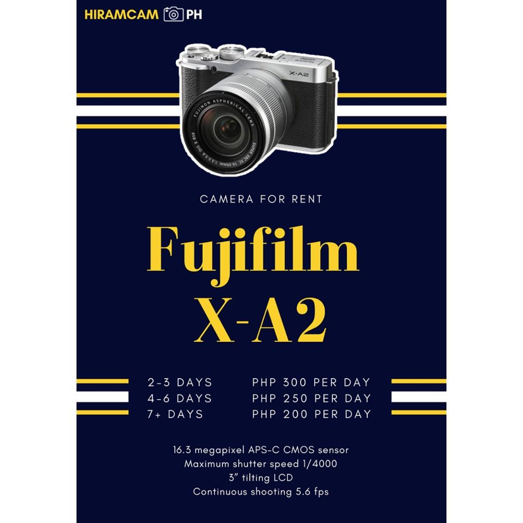 For Rent! Fujifilm X-A2 (Category: Cameras) located in Taguig. Submitted by hiramcam.ph (Listing ID 271050008, Image 1). Description: Fujifilm X-A2 for rent! Capture beautiful memories with loved ones with our affordable camera rental services. No more worries about not having a camera during life's memorable moments. The Fujifilm X-A2 is an ultra-light, selfie-ready camera that delivers outstanding image quality using its large 16.3 Megapixel AP