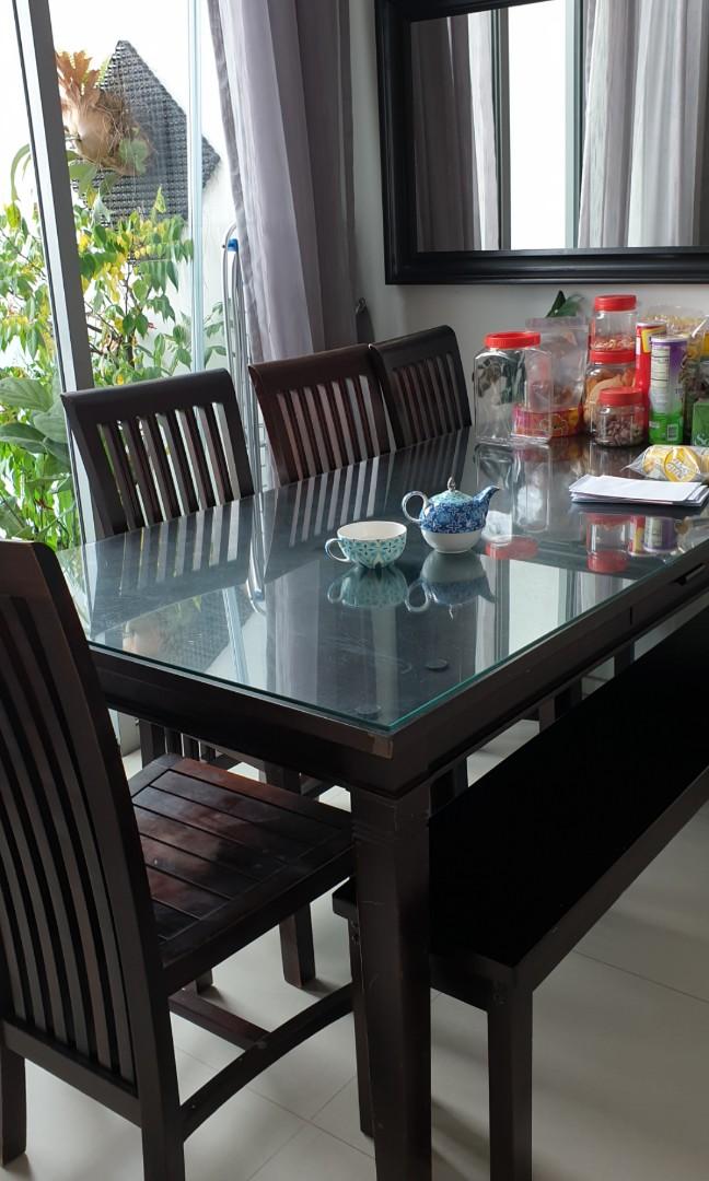 Pre Loved Solid Wood Dining Table Glass Top 6 Chairs Furniture Tables Chairs On Carousell