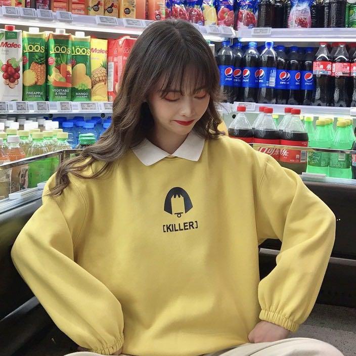 625 3 COLOURS yellow orange beige polo sweater pullover sweatshirt killer graphic korean ulzzang vintage retro Women s Fashion Tops Longsleeves on Carousell