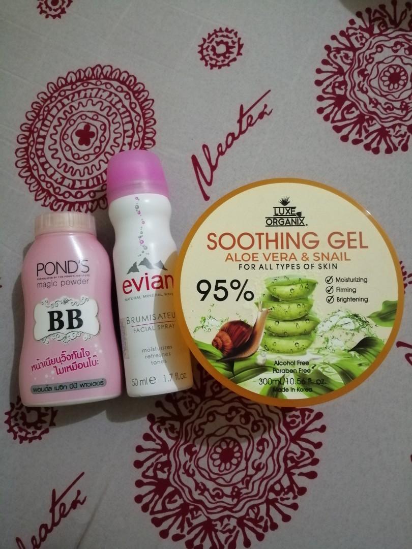 Skin Care Bundle (Category: Face Care) located in Lucban. Submitted by jajag6 (Listing ID 271124511, Image 1). Description: Luxe Organix Soothing Gel Aloe Vera and Snail 98% full Ponds powder Evian Facial Spray.