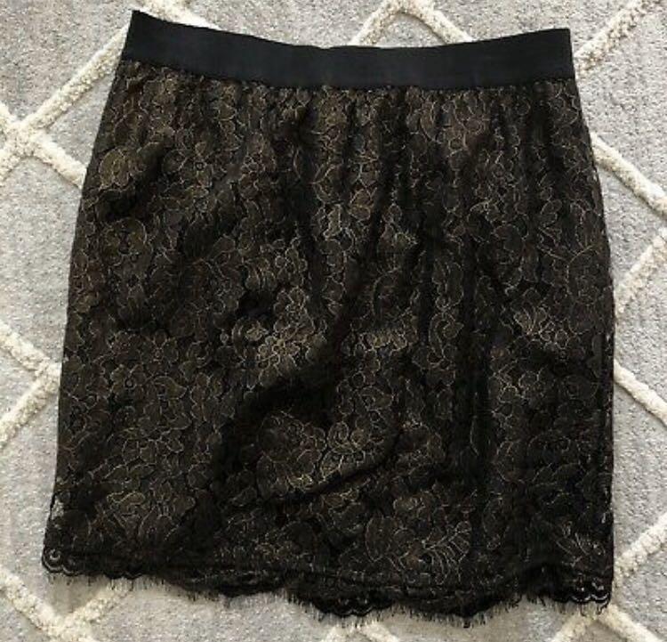 Joie Black Gold Metallic Lace Abeline Elastic Waist Skirt Women s