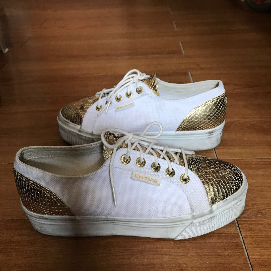 Superga white gold platform shoes 