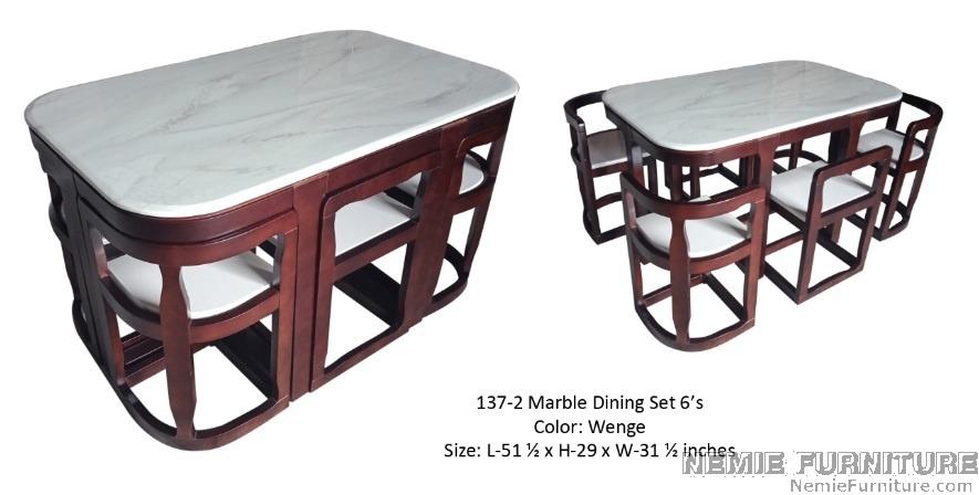 137-2 dining table with 6 chairs (Category: Chairs) located in Quezon City. Submitted by nemiefurniture (Listing ID 271515237, Image 1). Description: marble table top dining set with 6 chairs 51.50"L x 31.50"W x 29"H color: brown.