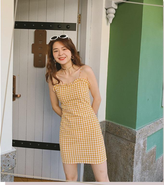 INSTOCKS Mini gingham bodycon dress yellow checkered Women s Fashion Dresses Sets Dresses on Carousell
