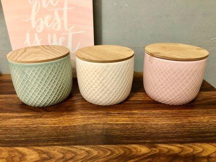 Textured Ceramic Canisters with Wooden Lid