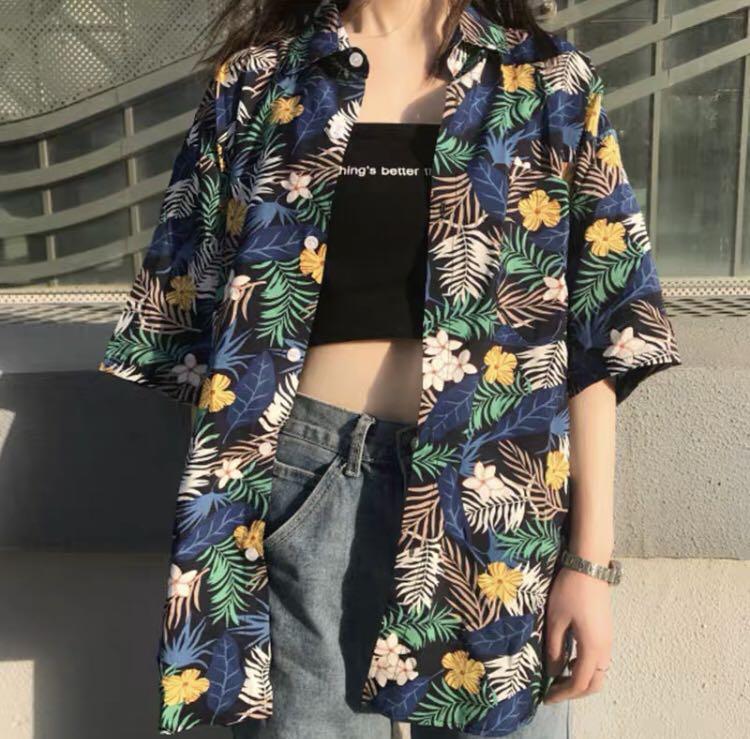863 Tumblr Basic Tropical Floral Flower Button Down Short Sleeve Outerwear Button Down Shirt Women S Fashion Tops Blouses On Carousell
