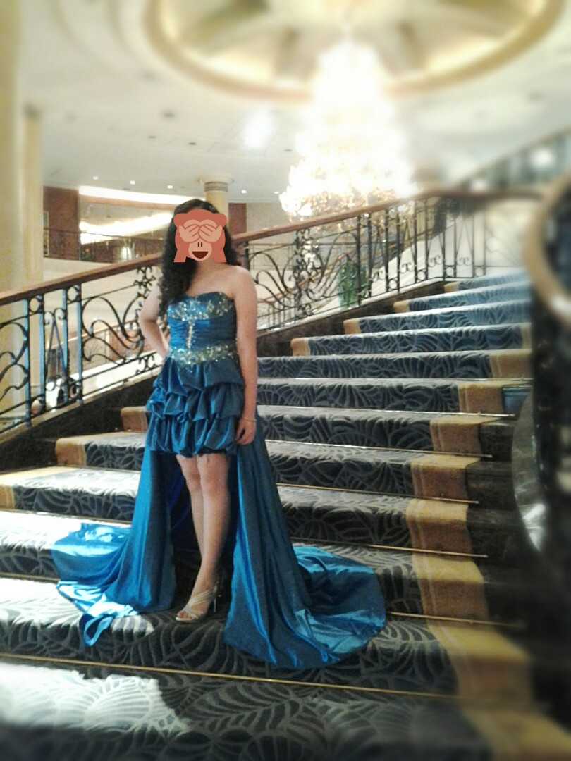 Blue Long Gown with Removable Trail/Skirt (Category: Evening dresses & gowns) located in Las Pinas. Submitted by tsuki25 (Listing ID 271729989, Image 1). Description: Used only once for my HS Grad Ball. Had it tailored so it's one of a kind. The trail/skirt is removable to have 2 different looks: the first look is the first photo, and the other is the short dress underneath whose skirt is made up of lovely soft black synthetic feathers as seen in