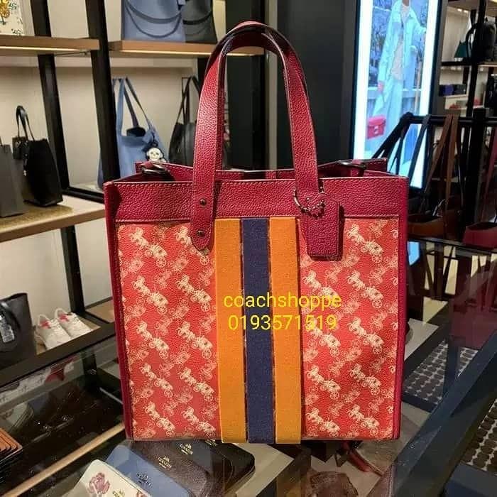 Coach field tote 40 with horse and carriage print and varsity stripe clearance