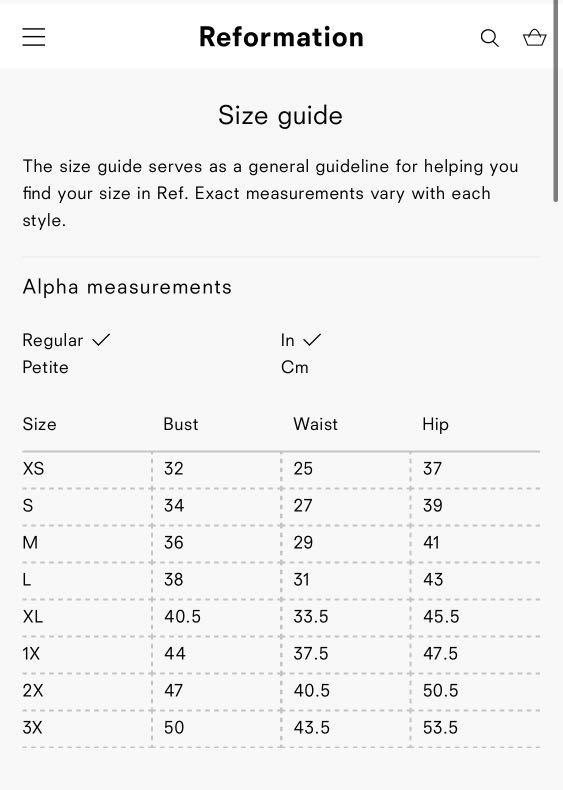 Reformation dress size chart hot sale