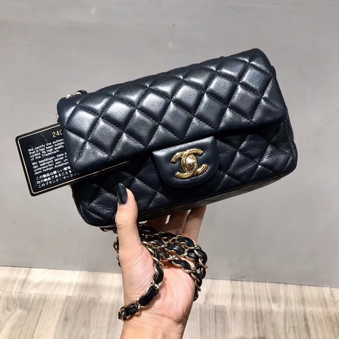 Chanel Classic Mini Rectangular, Black Shiny Chevron Calfskin with Aged  Gold Hardware, Preowned in Box WA001