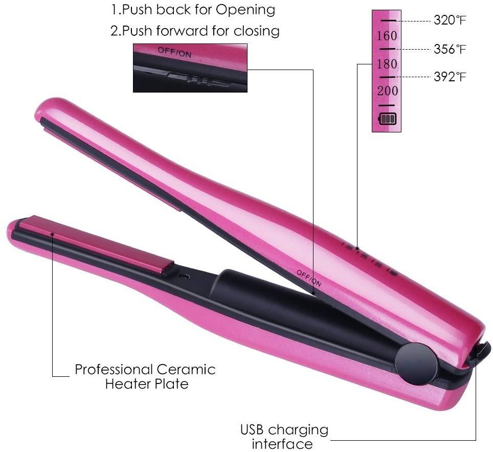 MC24 Gospire Mini Portable Hair Straightener Curling Iron 2 in 1 Professional Cordless straighteners with Ceramic Plates USB Port Charging Dual