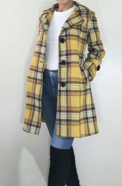 Yellow Plaid Wool Coat Women s Fashion Tops Others Tops on