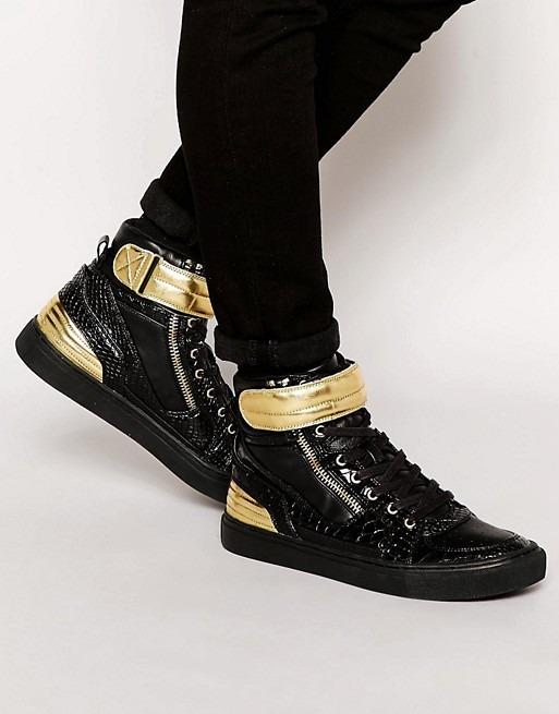 ASOS Hi Top Trainers in Snakeskin Effect With Gold Zip and Strap
