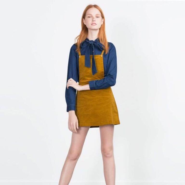 AUTHENTIC ZARA Mustard Brown Corduroy Pinafore Dress, Women's