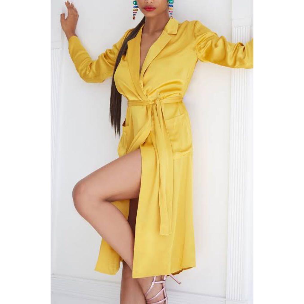 mustard satin wrap dress