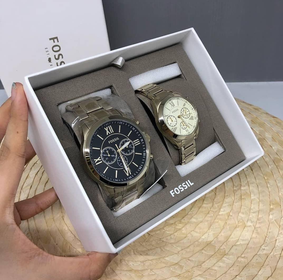 Fossil Chronograph Gold Tone BQ2145 Couple Watch Set 36mm and 48mm
