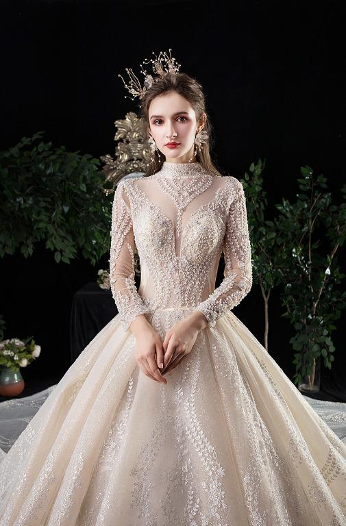 pre order cream glitter diamond long sleeve fishtail wedding dress gown RB1684 Women s Fashion Dresses Sets Evening Dresses Gowns on Carousell