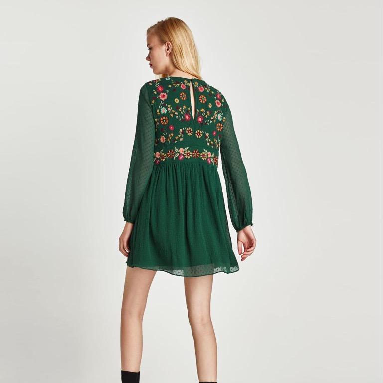 zara green embroidered dress
