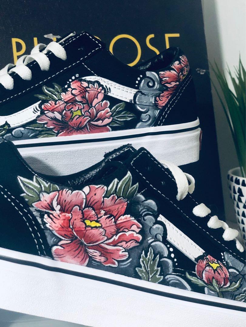Custom painted Vans Old Skool Peonies