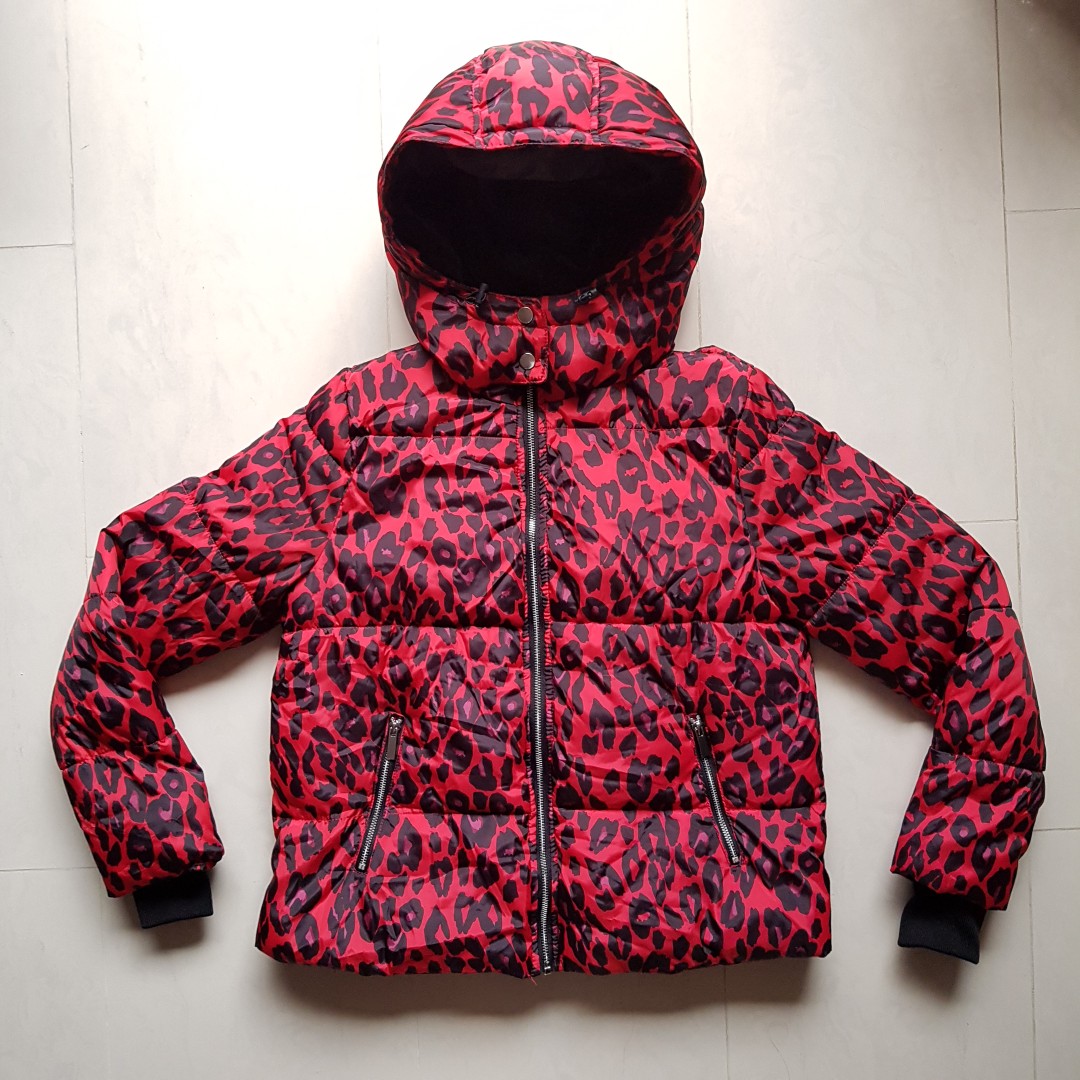 New Look UK8 winter puffer hoodie jacket leopard animal print