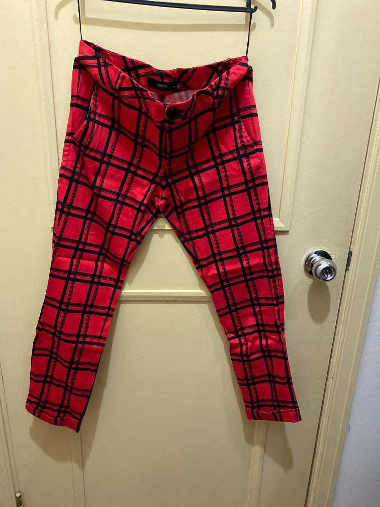 red and black check pants