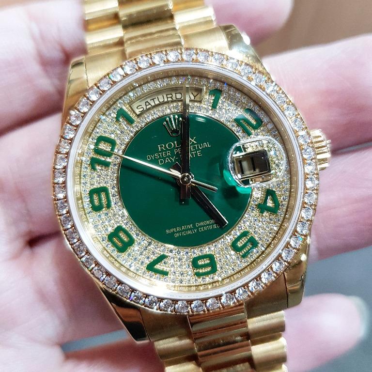 Rolex Day-Date 36 Yellow Gold Green Diamond Paved Arabic Dial