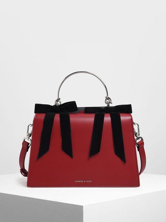 Charles Keith Velvet Bow Detail Top Handle Bag Red Women s Fashion Bags Wallets Cross body Bags on Carousell