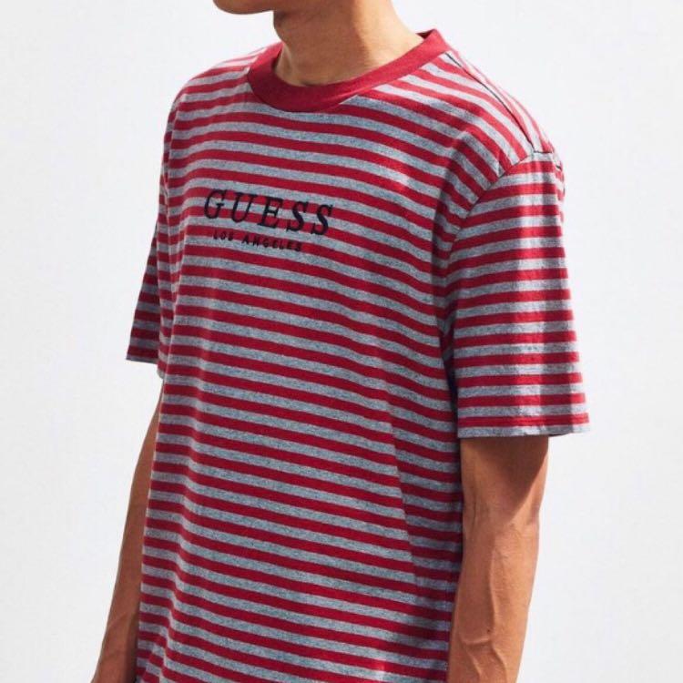 GUESS T Shirt Red Grey Striped Men s Fashion Tops Sets