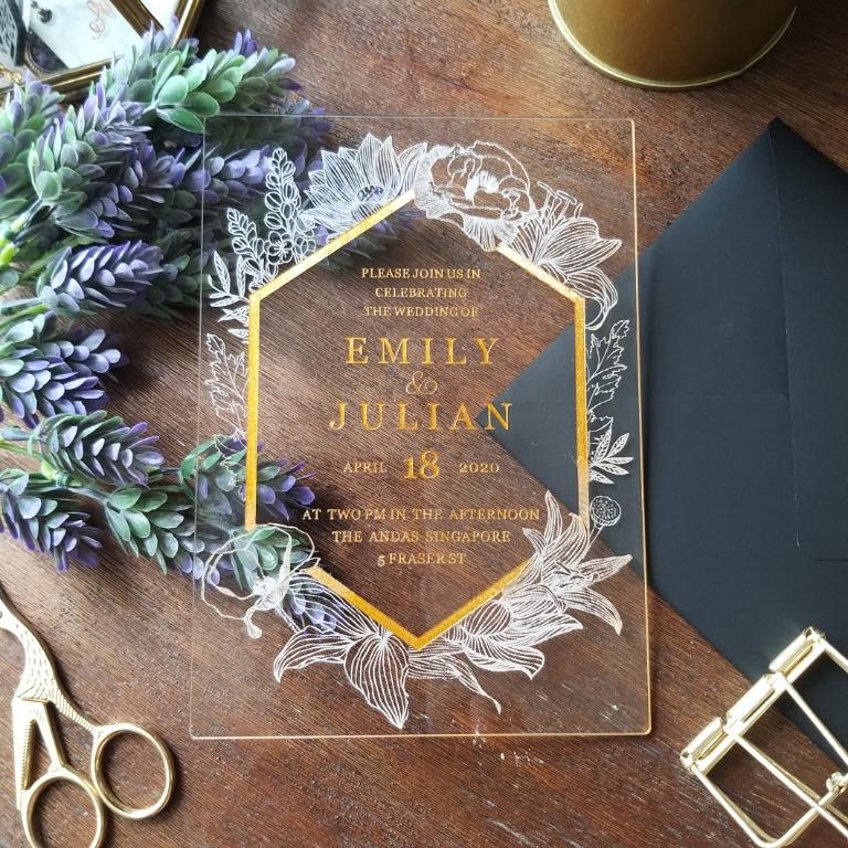 Hexagon Flowers Wedding Invitation Cards Clear Acrylic With Glitter Gold Or Frost White Engraving Design Craft Others On Carousell
