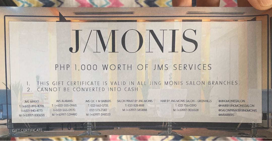 JMS JING MONIS GIFT CERTIFICATE  1,000  GC