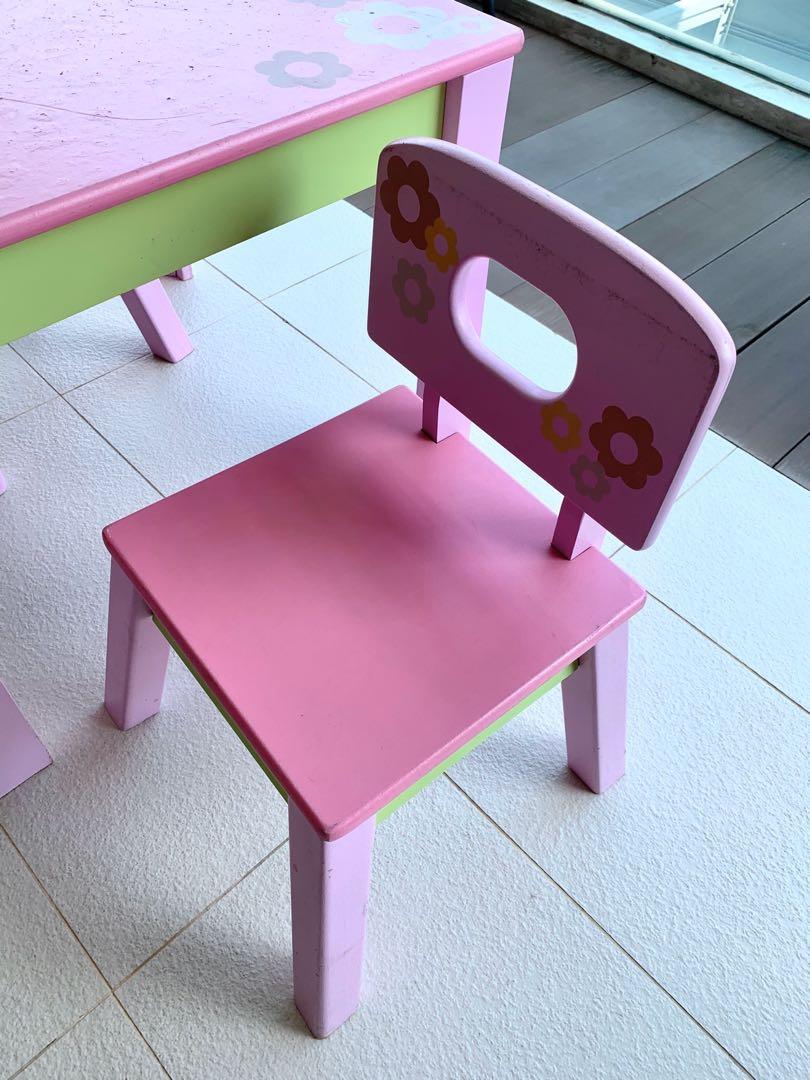 Kids pink ELC wooden table with 2 chairs