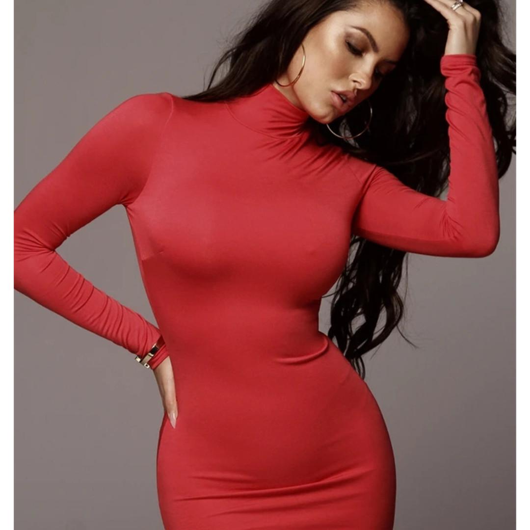 red long sleeve turtleneck dress