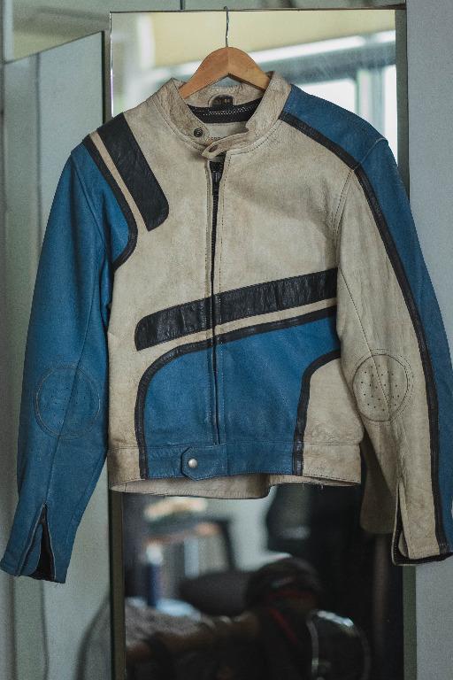 Vintage Blue Ivory Cafe Racer Leather Jacket (Category: Coats, Jackets and Outerwear) located in Muntinlupa City. Submitted by greygarcon (Listing ID 272476465, Image 1). Description: Vintage Cafe Racer Genuine Leather Jacket W : 52cm L : 62cm Crazy beautiful color blocking on this piece with vintage patina Unique -- you won't find anything else like this. A real head turner This is a personal piece of mine that doesn't get enough use but is very