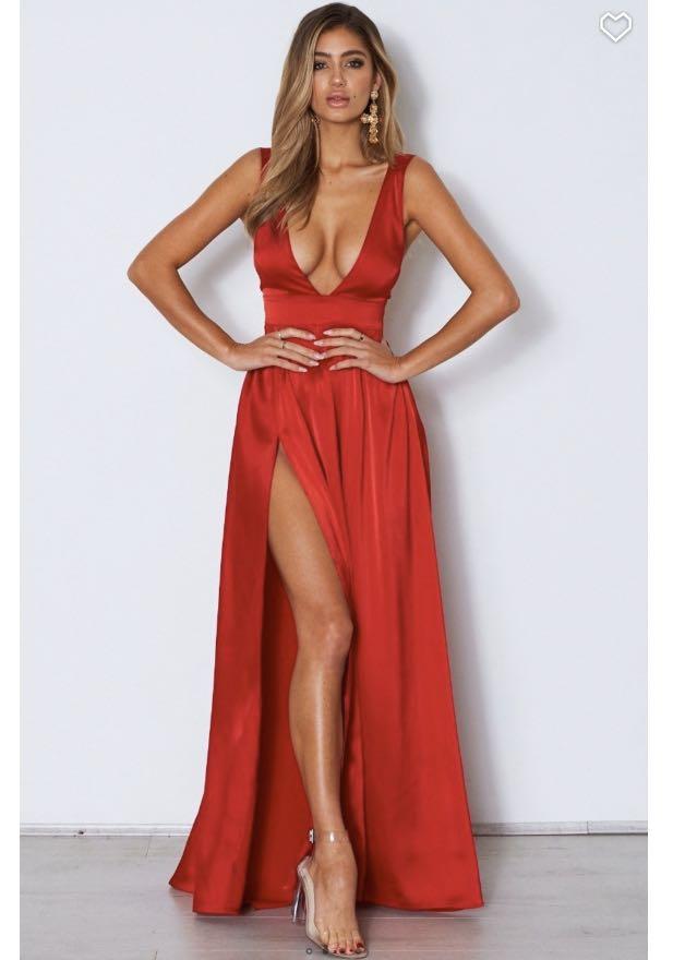 Lucie Red Silky Plunge Extreme Split Maxi Dress