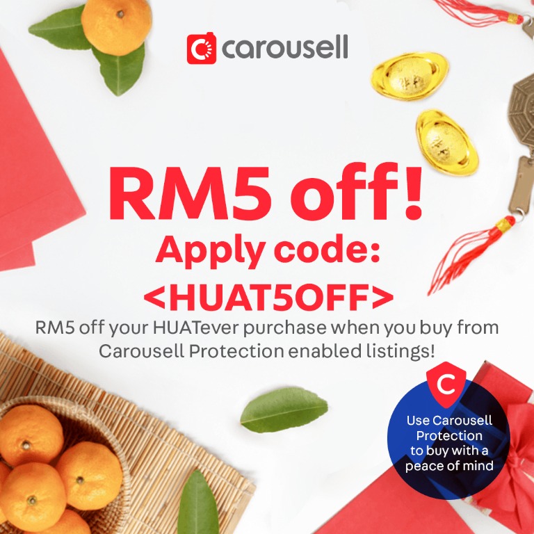 [PROMO CODE ENDED] (Category: Dresses) located in Kuala Lumpur. Submitted by carousell_my (Listing ID 272639490, Image 1). Description: DONG DONG DONG DONG CHIANG! HUAT AH! Carousell is giving out RM5 Angpao ah! Now you can apply promo code HUAT5OFF and get RM5 OFF on HUATever your purchase from Carousell Protection enabled listing! Just purchase ANY Items from sellers with Carousell Protection (BETA) enabled listings and apply 'HUAT5OFF' promo c