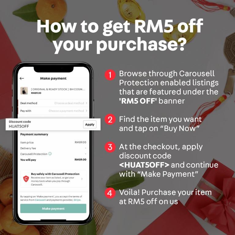 [PROMO CODE ENDED] (Category: Dresses) located in Kuala Lumpur. Submitted by carousell_my (Listing ID 272639490, Image 2). Description: DONG DONG DONG DONG CHIANG! HUAT AH! Carousell is giving out RM5 Angpao ah! Now you can apply promo code HUAT5OFF and get RM5 OFF on HUATever your purchase from Carousell Protection enabled listing! Just purchase ANY Items from sellers with Carousell Protection (BETA) enabled listings and apply 'HUAT5OFF' promo c