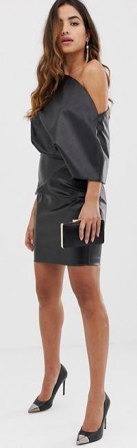 asos design pu drape shoulder midi pencil dress