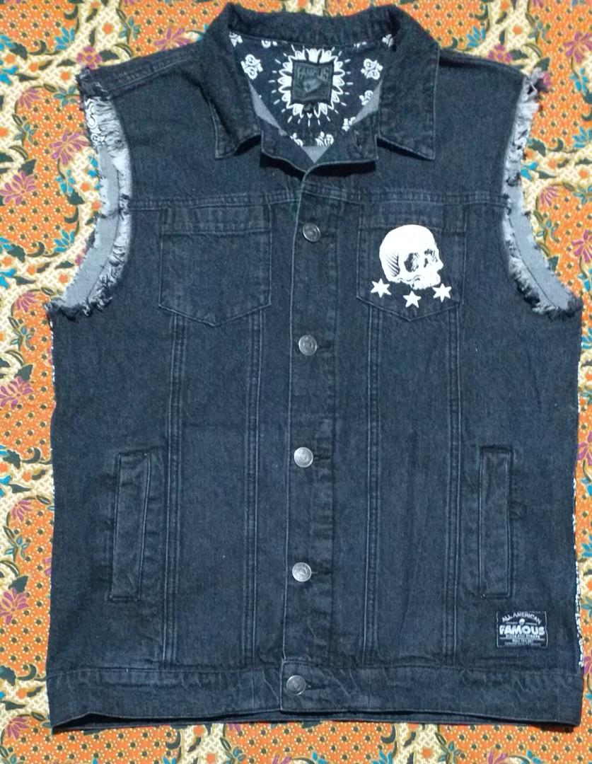 FAMOUS DENIM BANDANA BIKER VEST, Men's Fashion, Coats, Jackets and Outerwear on Carousell