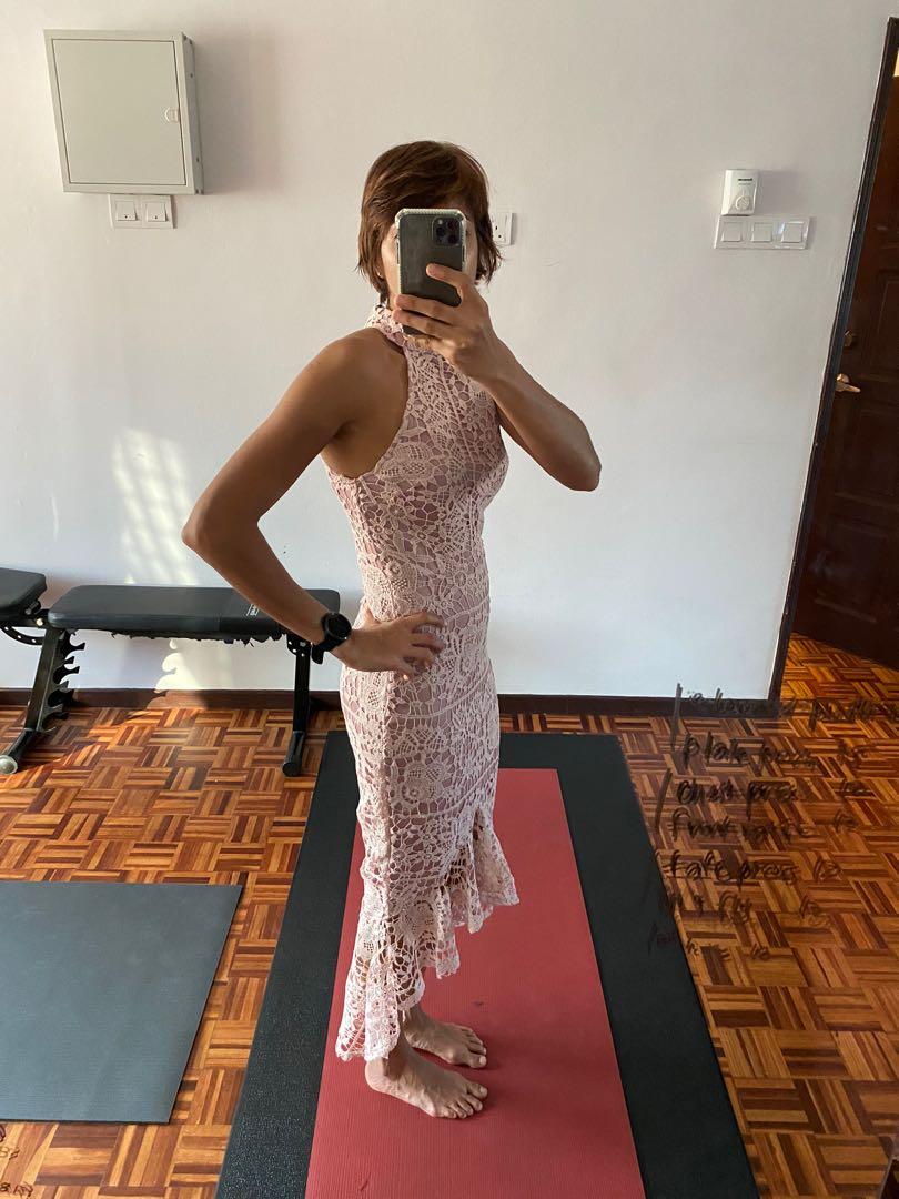 Missguided pink lace high neck fishtail dress DW, Women's Fashion, Dresses  & Sets, Jumpsuits on Carousell