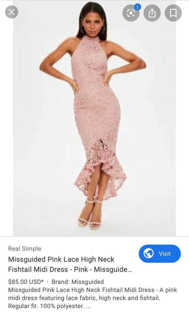 Pink lace high neck fishtail midi dress cheap