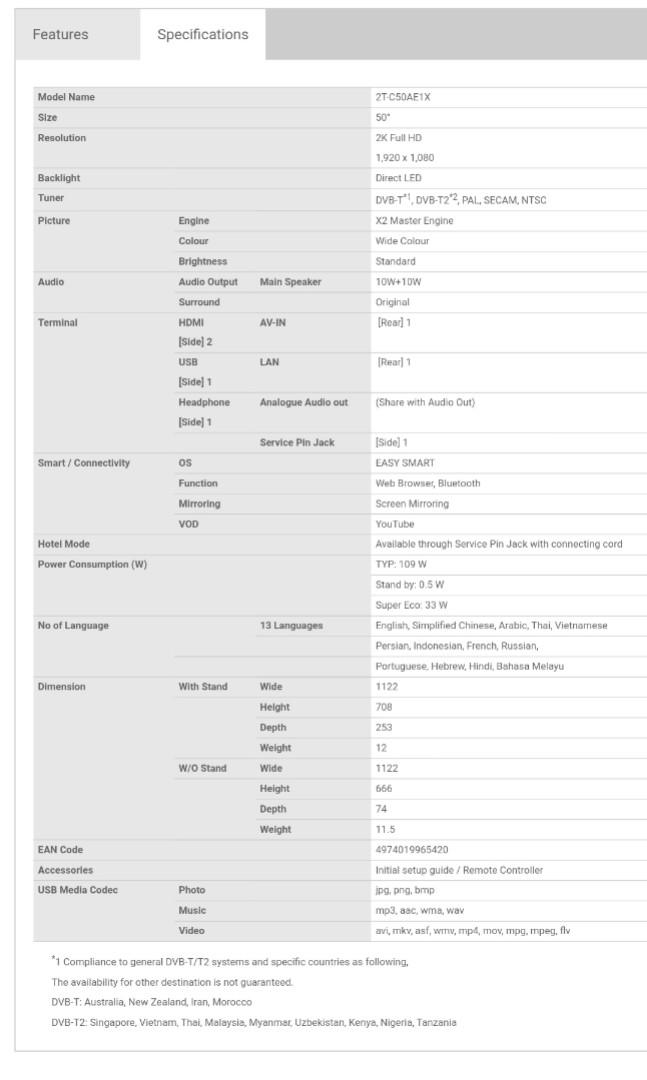 Smart TV SHARP 50" AQUOS 2T C50AE1X, TV & Home Appliances, TV