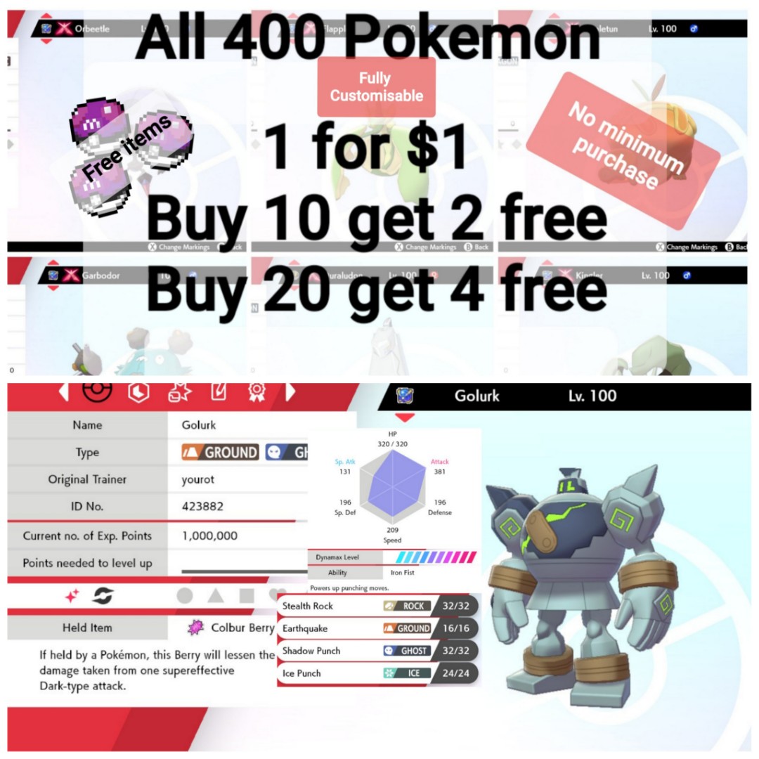 Square Shiny 6iv Golurk Battle Ready Pokemon Sword And Shield Nintendo Switch Toys Games Video Gaming In Game Products On Carousell - free credits sword fighting frenzy roblox