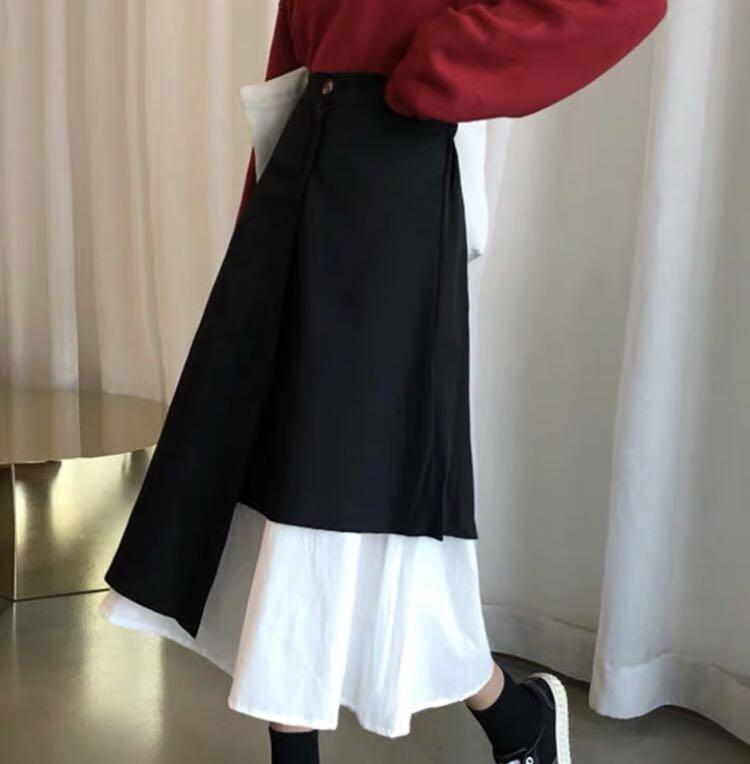 874 tumblr basic ulzzang black khaki white button down two layer maxi midi skirt