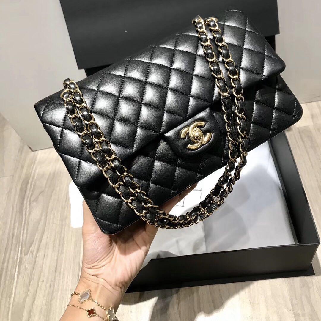 Authentic Chanel Medium Double Flap Bag Black Lambskin Gold Hardware