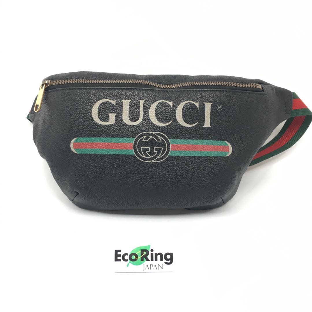 Gucci GG 古馳黑色皮革Gucci印花皮革腰包black leather Gucci Print leather belt bag 530412  100%真品, 名牌, 手袋及銀包- Carousell