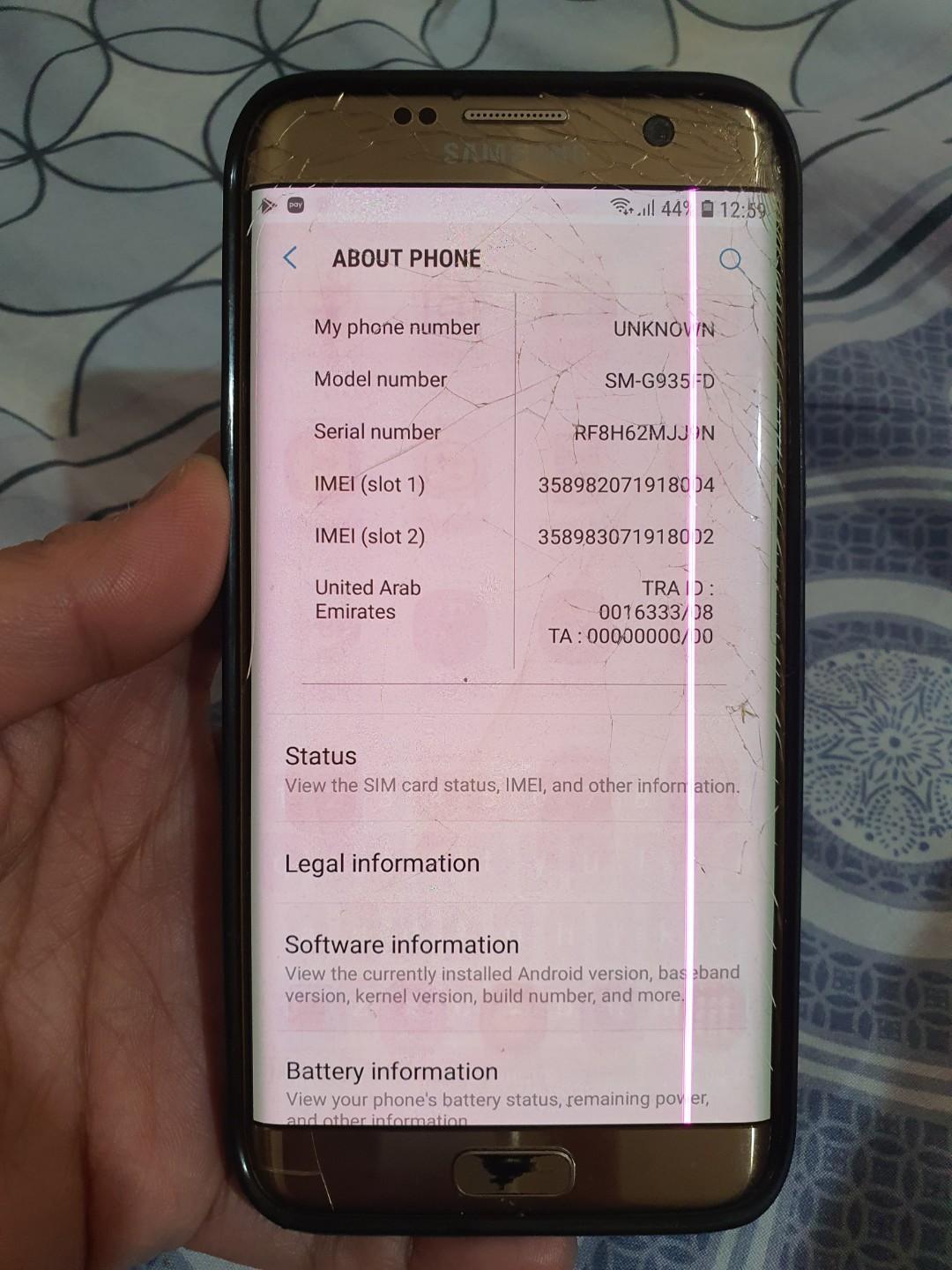 Samsung S7 Edge (Category: Samsung) located in Quezon City. Submitted by fabfindsph (Listing ID 272738357, Image 2). Description: Cracked screen Pink line in LCD No flickering Functions normally Price is non-negotiable.