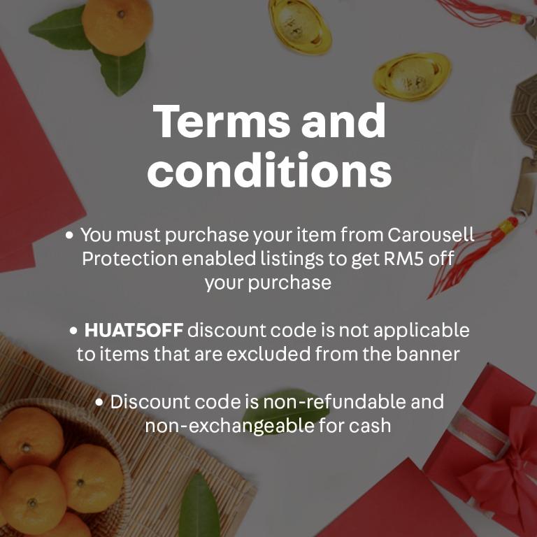 [PROMO CODE ENDED] (Category: Dresses) located in Kuala Lumpur. Submitted by carousell_my (Listing ID 272639490, Image 3). Description: DONG DONG DONG DONG CHIANG! HUAT AH! Carousell is giving out RM5 Angpao ah! Now you can apply promo code HUAT5OFF and get RM5 OFF on HUATever your purchase from Carousell Protection enabled listing! Just purchase ANY Items from sellers with Carousell Protection (BETA) enabled listings and apply 'HUAT5OFF' promo c