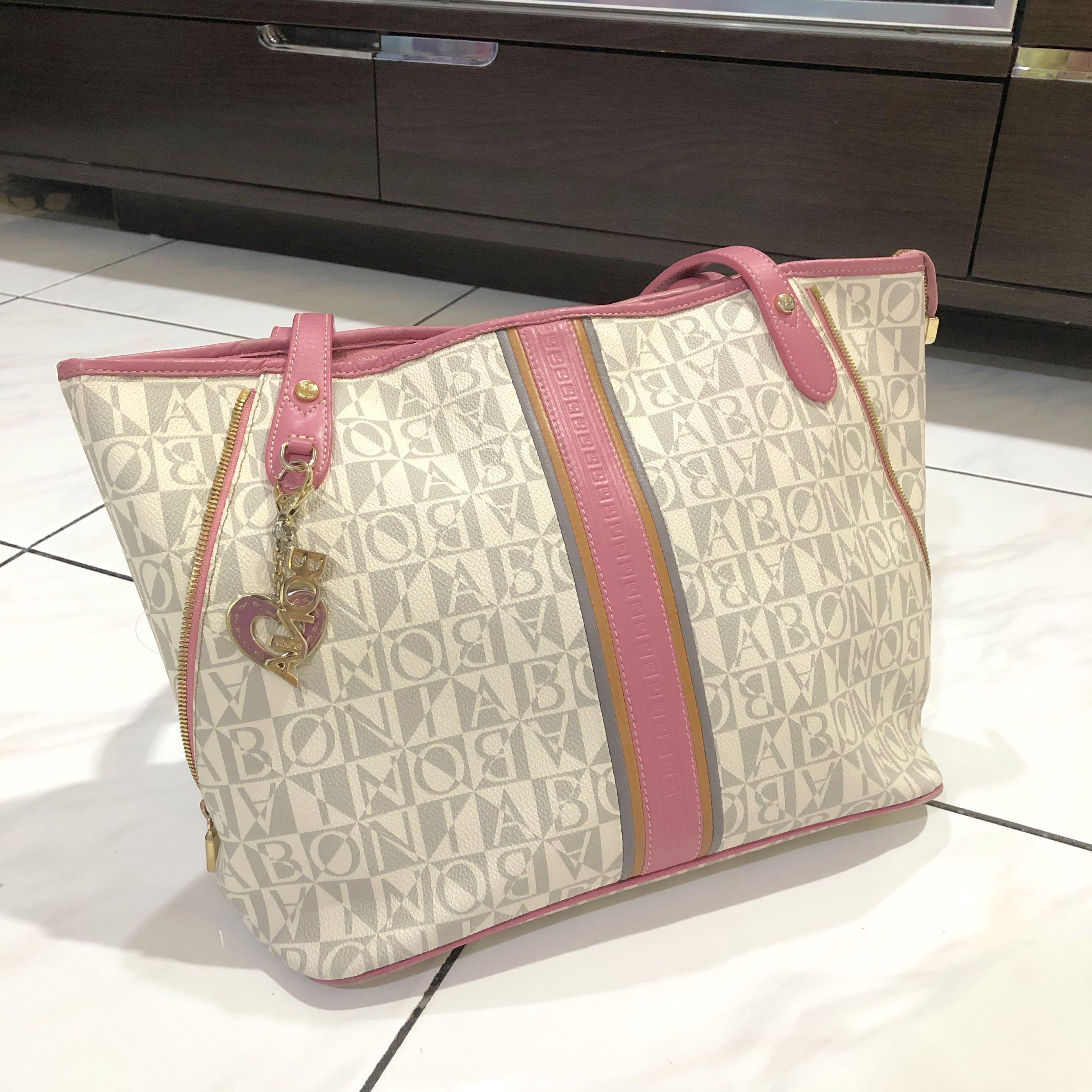 Jual tas bonia original sling tote bag rantai monogram putih pink singapore