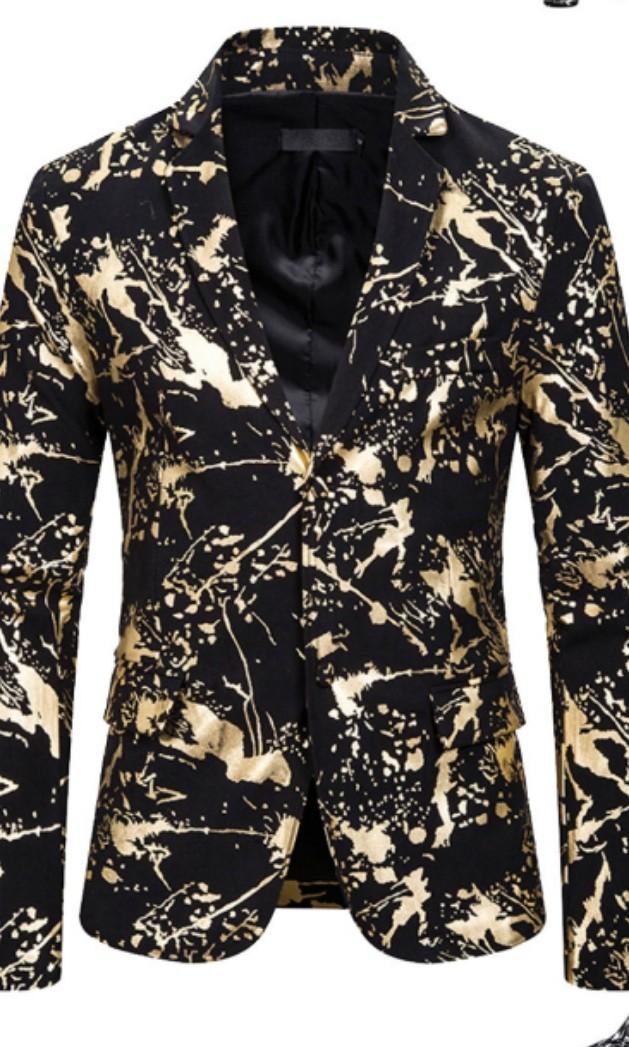 Men blazer print gold black white jacket, Men's Fashion, Coats