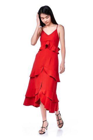 Nalini Tiered-Ruffle Dress in Red